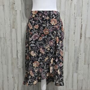 DR2  Daniel Rainn Black Multicolor Asymmetrical Floral Ruffle Skirt Medium